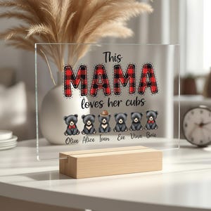 This Mama Loves Her Cubs Acrylic LED Lamp, Personalized Mom Gift with Kids Names, Custom Mama Bear Night Light, Mothers Day Gift