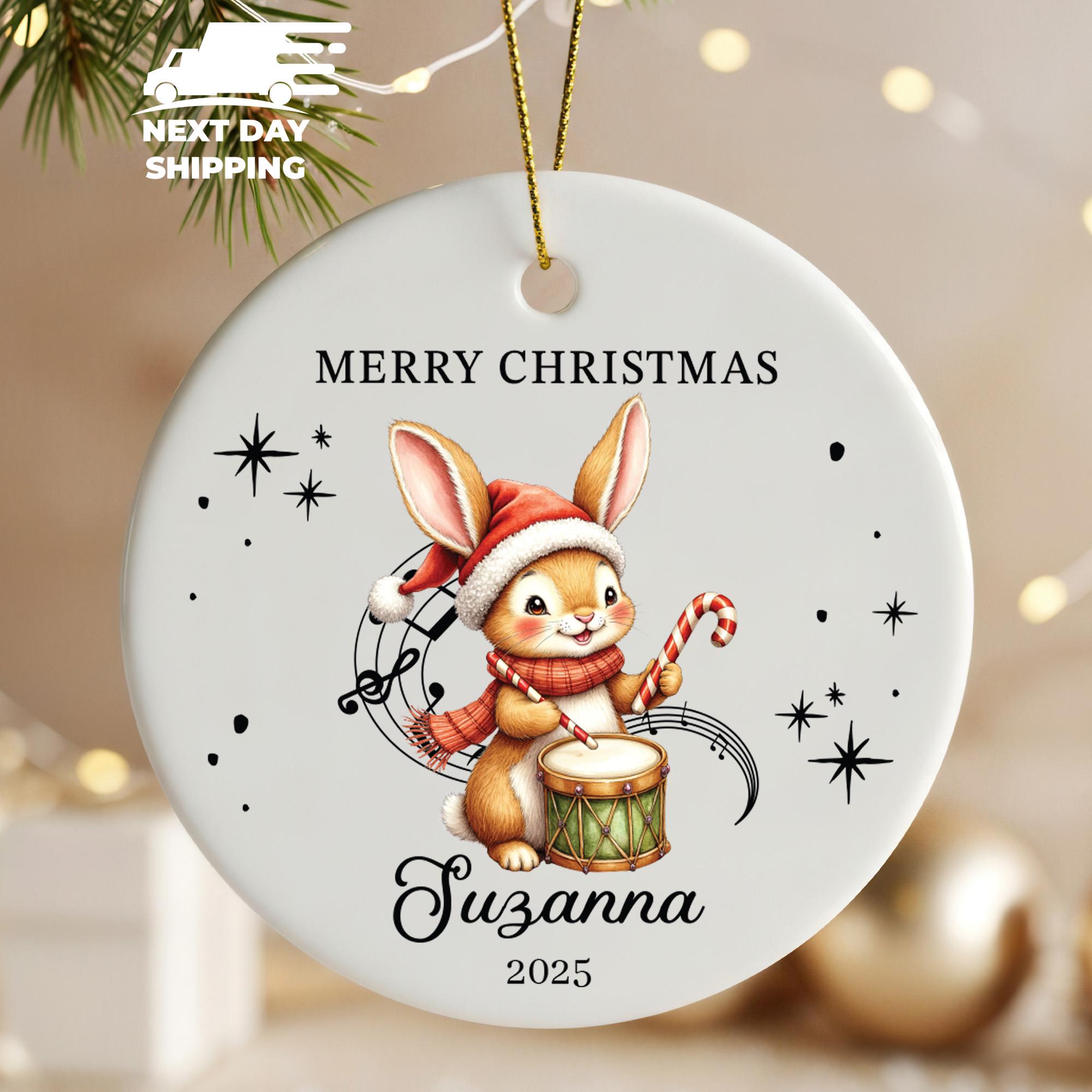 Personalized Bunny Christmas Ornament • Custom Name Kids Ornament 2025 • Cute Rabbit Holiday Gift • Ceramic Round Ornament Keepsake