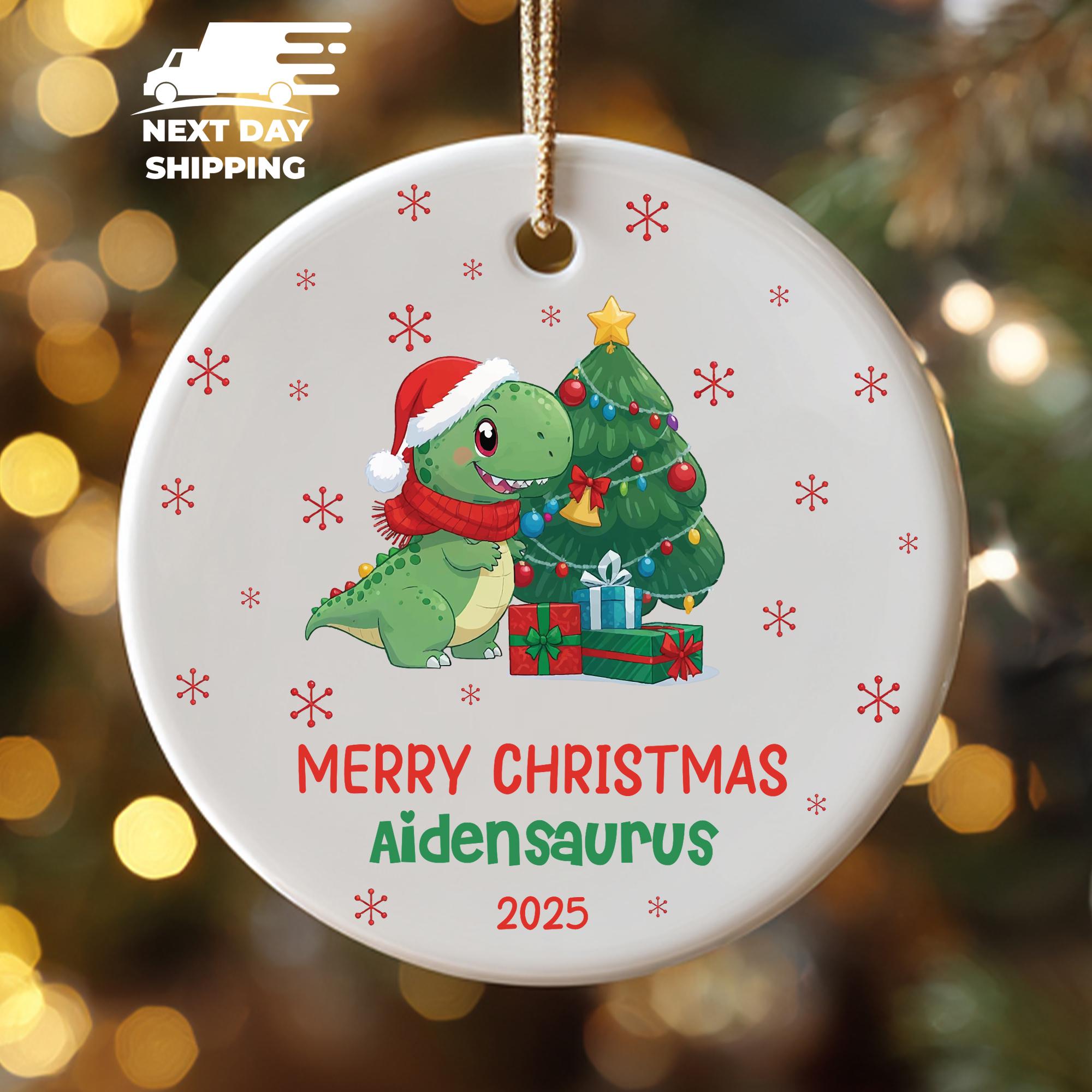 Cute Christmas Dino Ornament, Kids Name Keepsake, Christmas Tree Decor, Dinosaur Acrylic Ornament, Personalized Glass Ornament, Ceramic Gift
