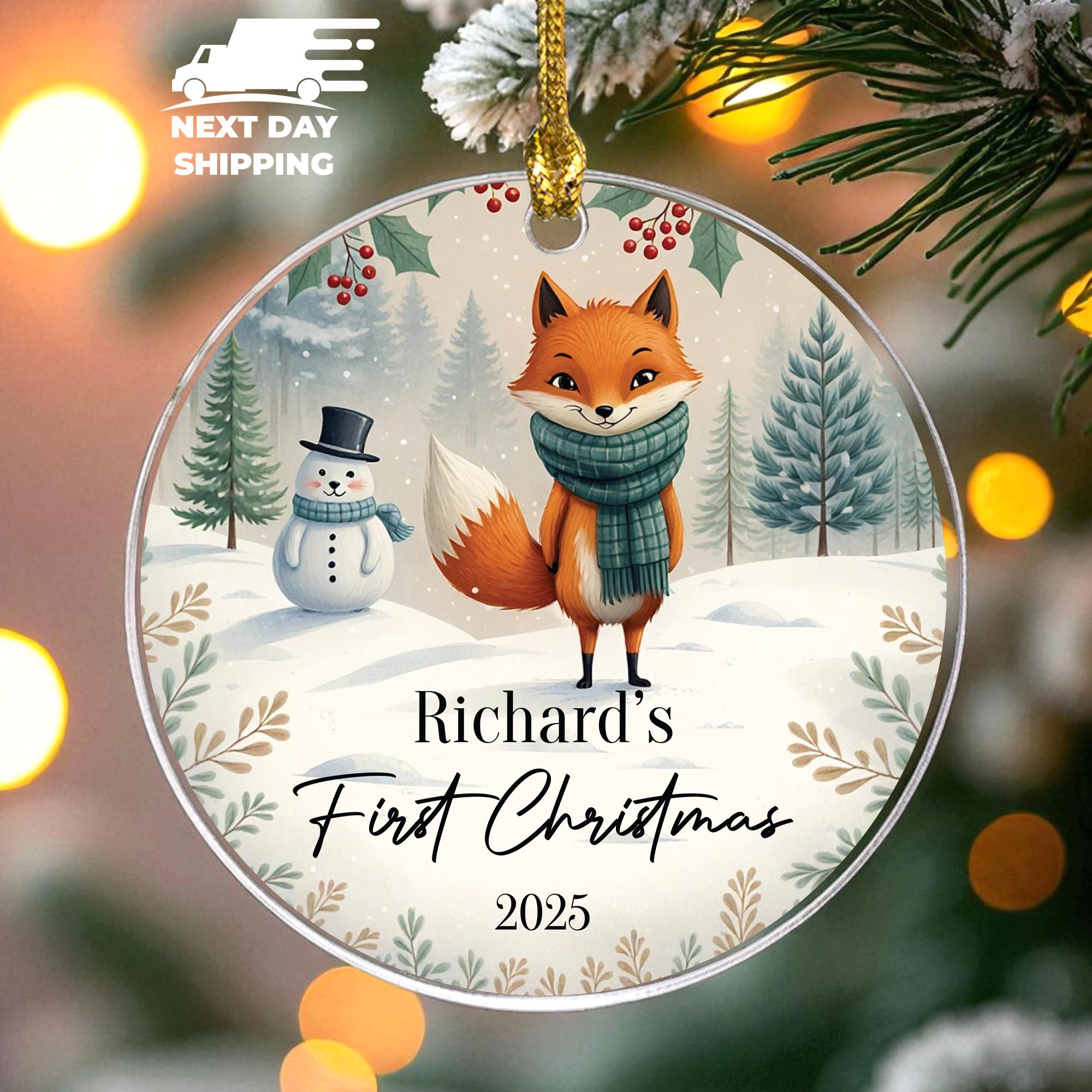 Cute Christmas Fox Ornament, First Christmas Keepsake for Kids, Newborn Name Ornament, Baby Boy Girl Ornament, Snowman Seal Ornament