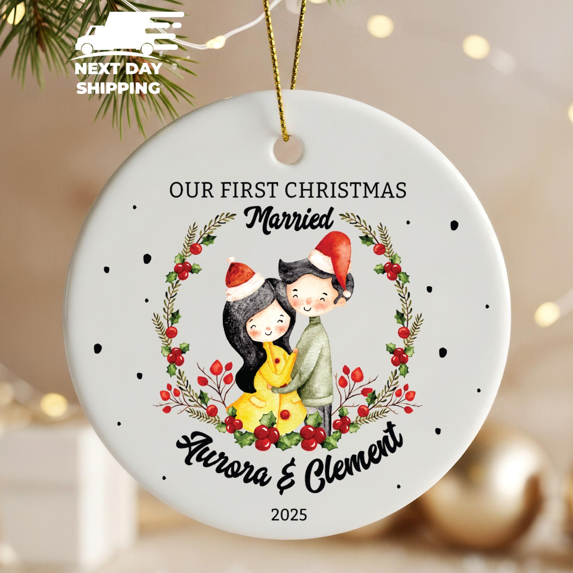 Personalized First Christmas Married Ornament 2025 • Custom Couple Name Wreath Keepsake • Newlywed Christmas Decoration • Holiday Gift