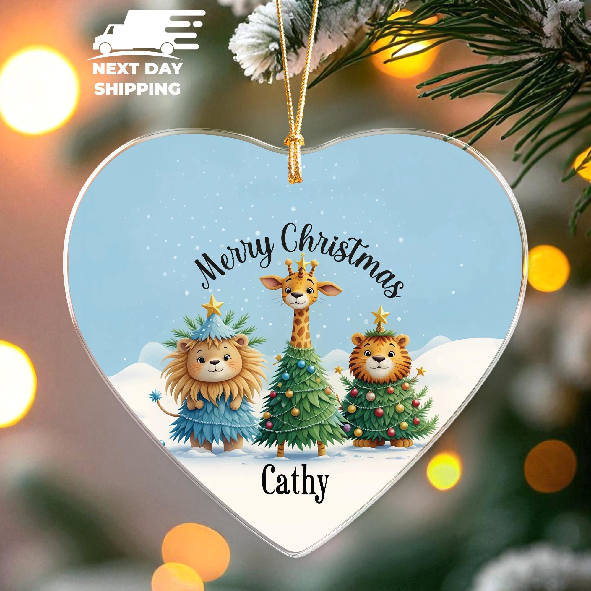 Safari Animals Ornament, Lion Giraffe Tiger Ornament, Cute Christmas Tree Ornament with Name, Kids Stocking Stuffer Ornament, Gift for Kids
