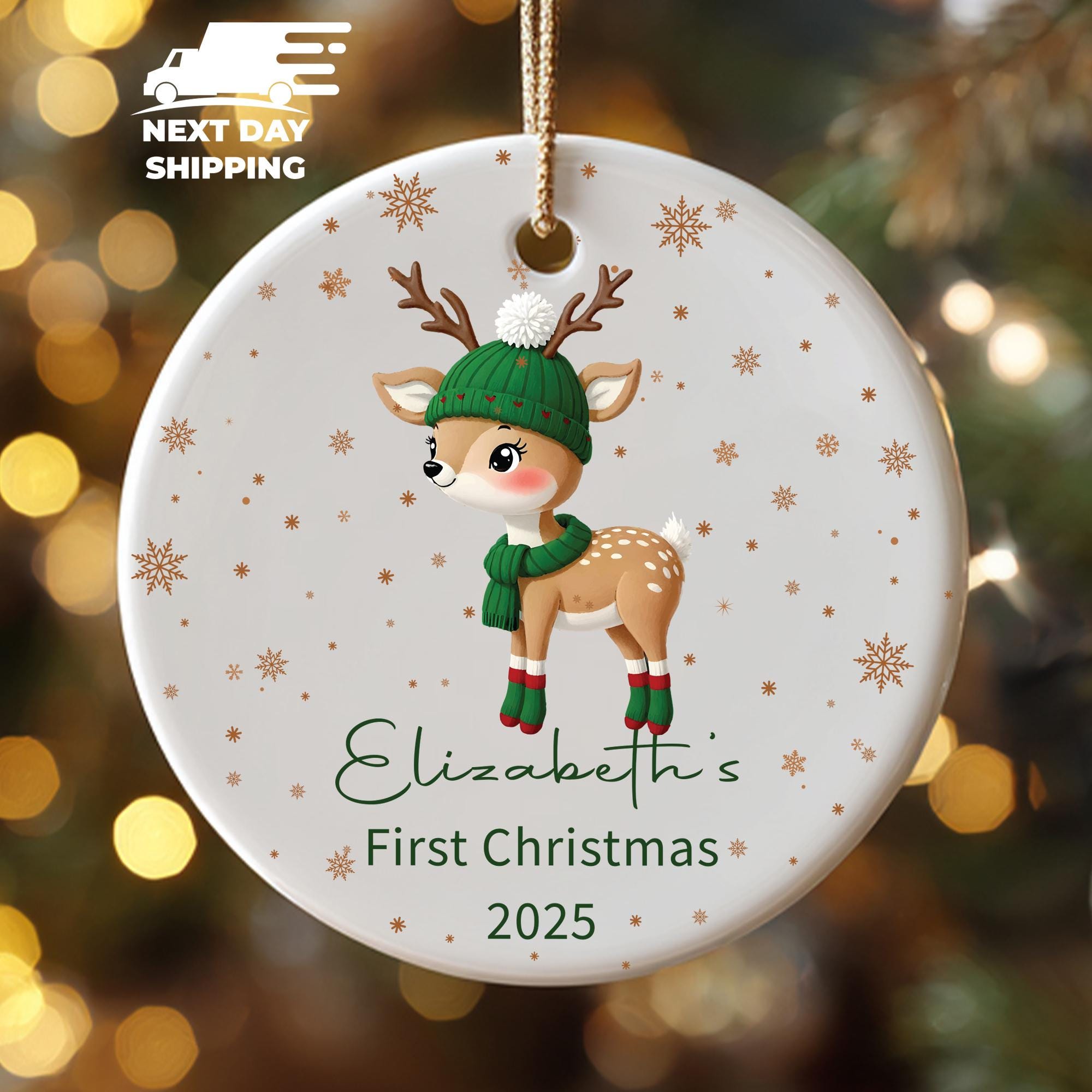 Cute Baby Girl Name Ornament, Custom Baby First Christmas Keepsake, 2025 Baby Girl Keepsake, Reindeer Ornament for Her, Personalized Fawn