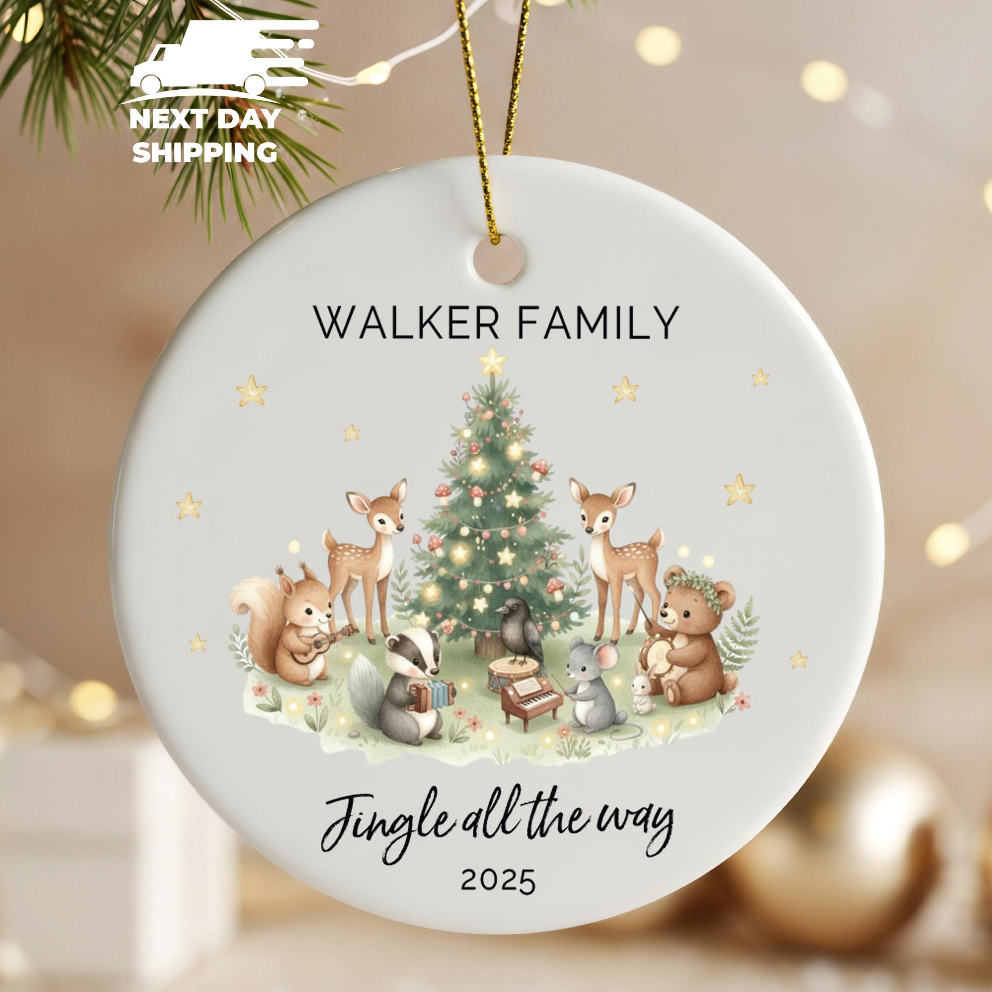 Personalized Family Name Christmas Ornament • Cute Woodland Animals & Tree • Custom 2025 Holiday Keepsake • Heart or Round Gift