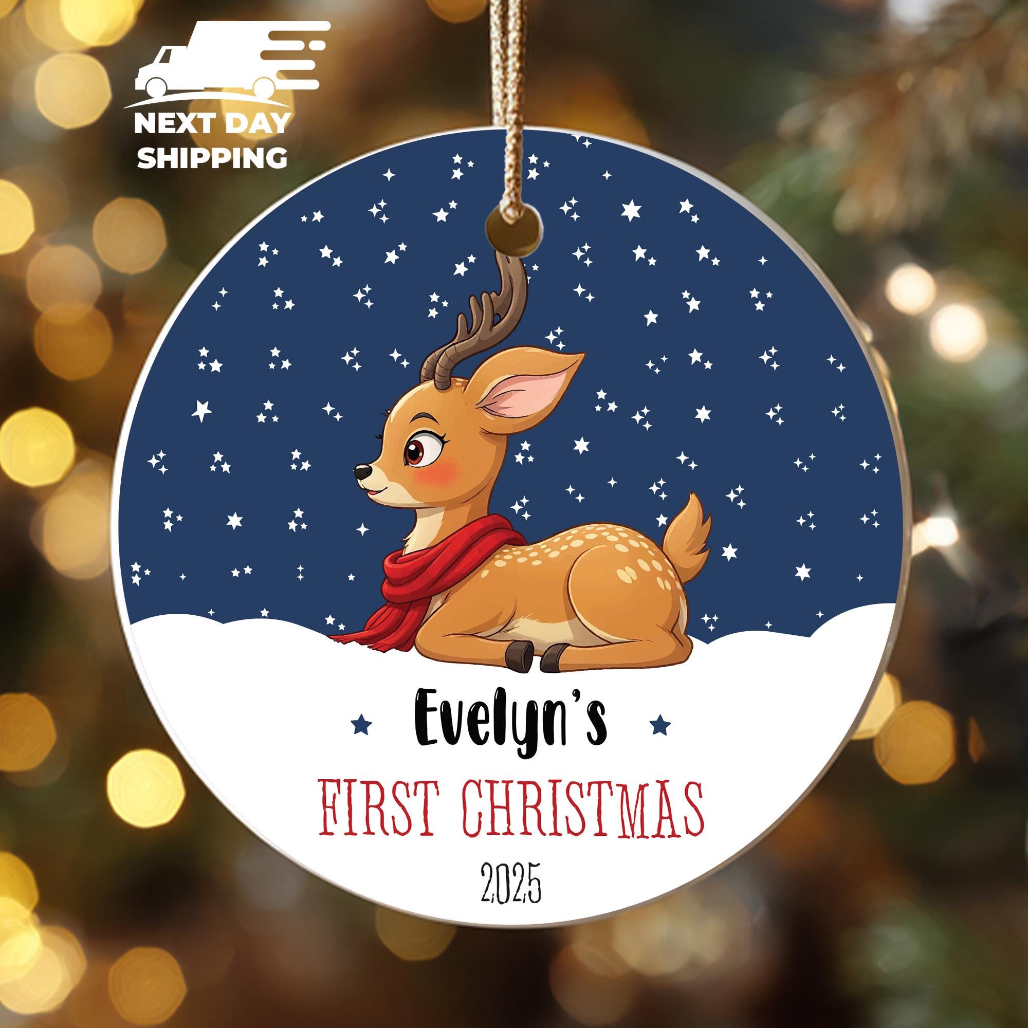 Personalized Baby Name Ornament, Baby Girl Keepsake, Cute Deer Ornament, Christmas Fawn Ornament, Snowy Name Keepsake, First Christmas Gift