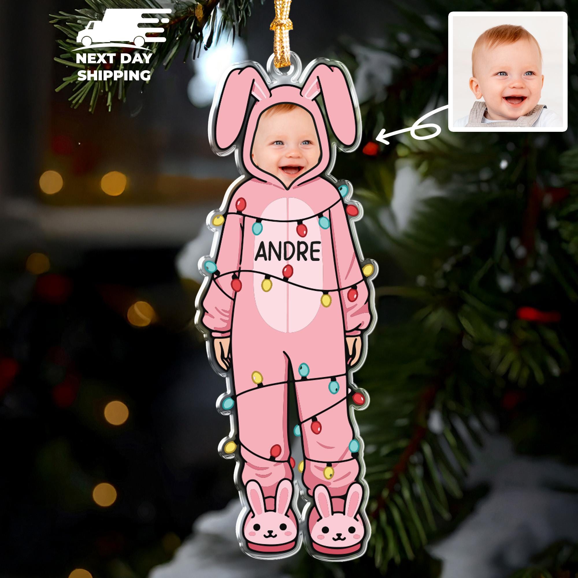 Custom Baby Photo Ornament, Personalized Pink Bunny Christmas Decoration, Funny Holiday Keepsake, Baby’s First Xmas Gift Idea, Baby Face