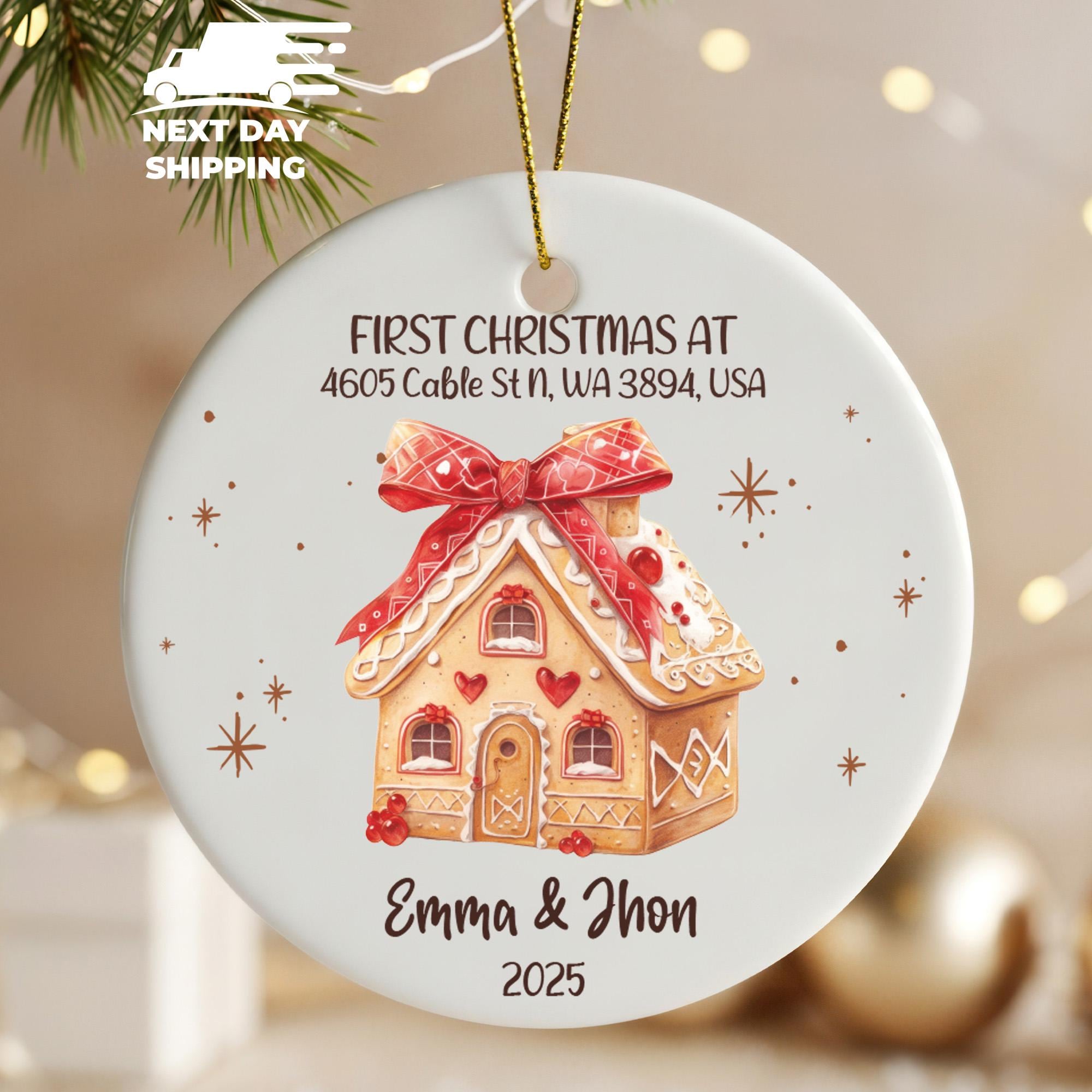 First Christmas at Our New Home, Custom Address and Names Gingerbread House Christmas Ornament, Housewarming Gift, Homeowner Ornament Gift