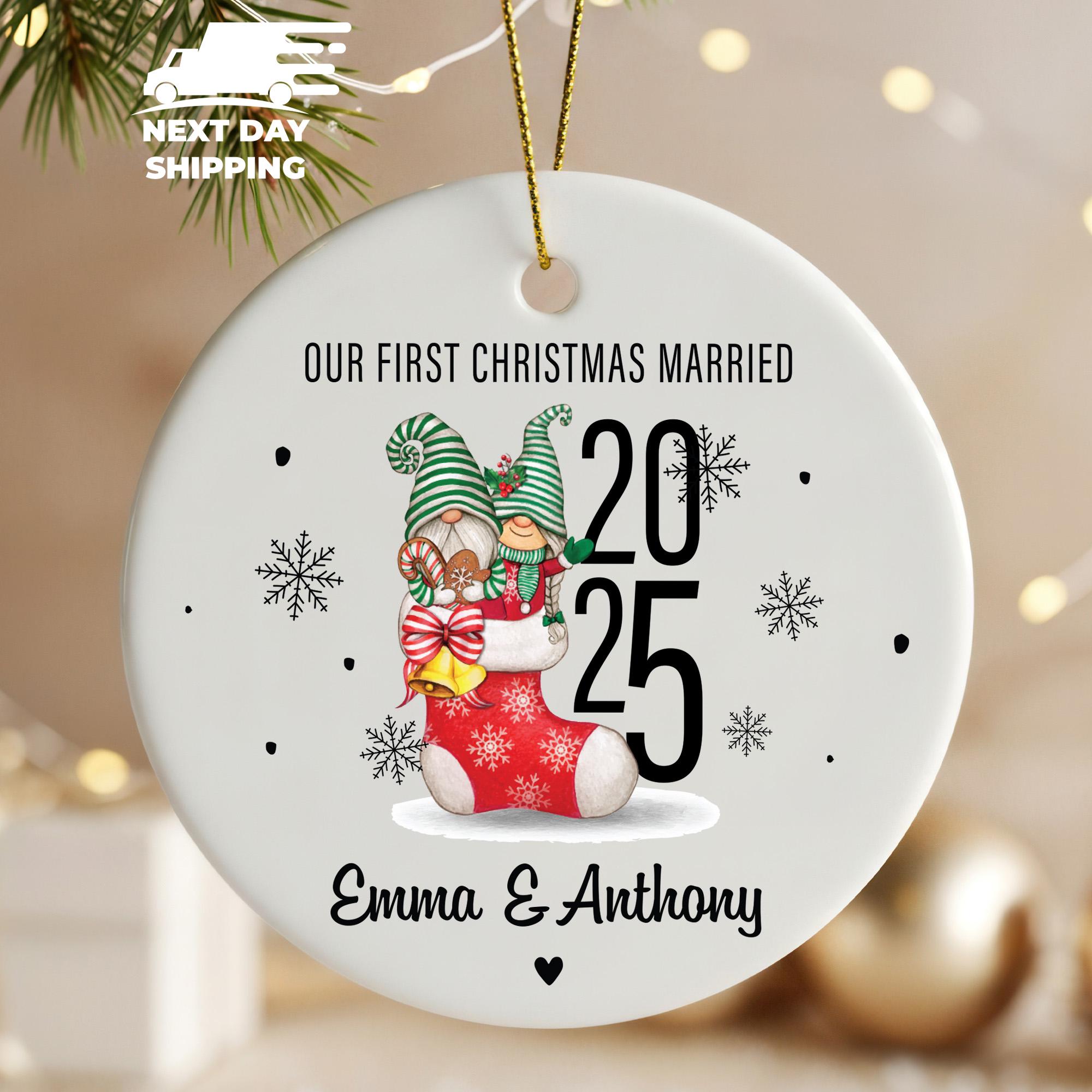 Our First Christmas Married Ornament 2025 • Personalized Newlywed Gnome Stocking Keepsake • Custom Couple Name Christmas Decoration Gift