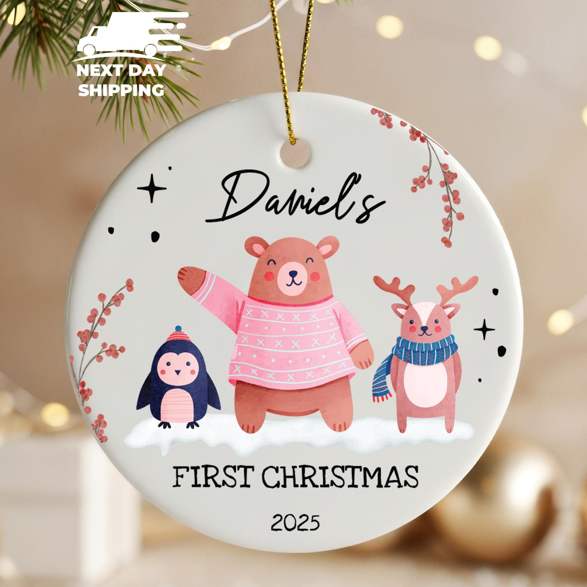 Customized Name Baby First Christmas Ornament, Cute Bear Bird Deer Round Ornament, Personalized Christmas Ornament, Gift For Little Girl