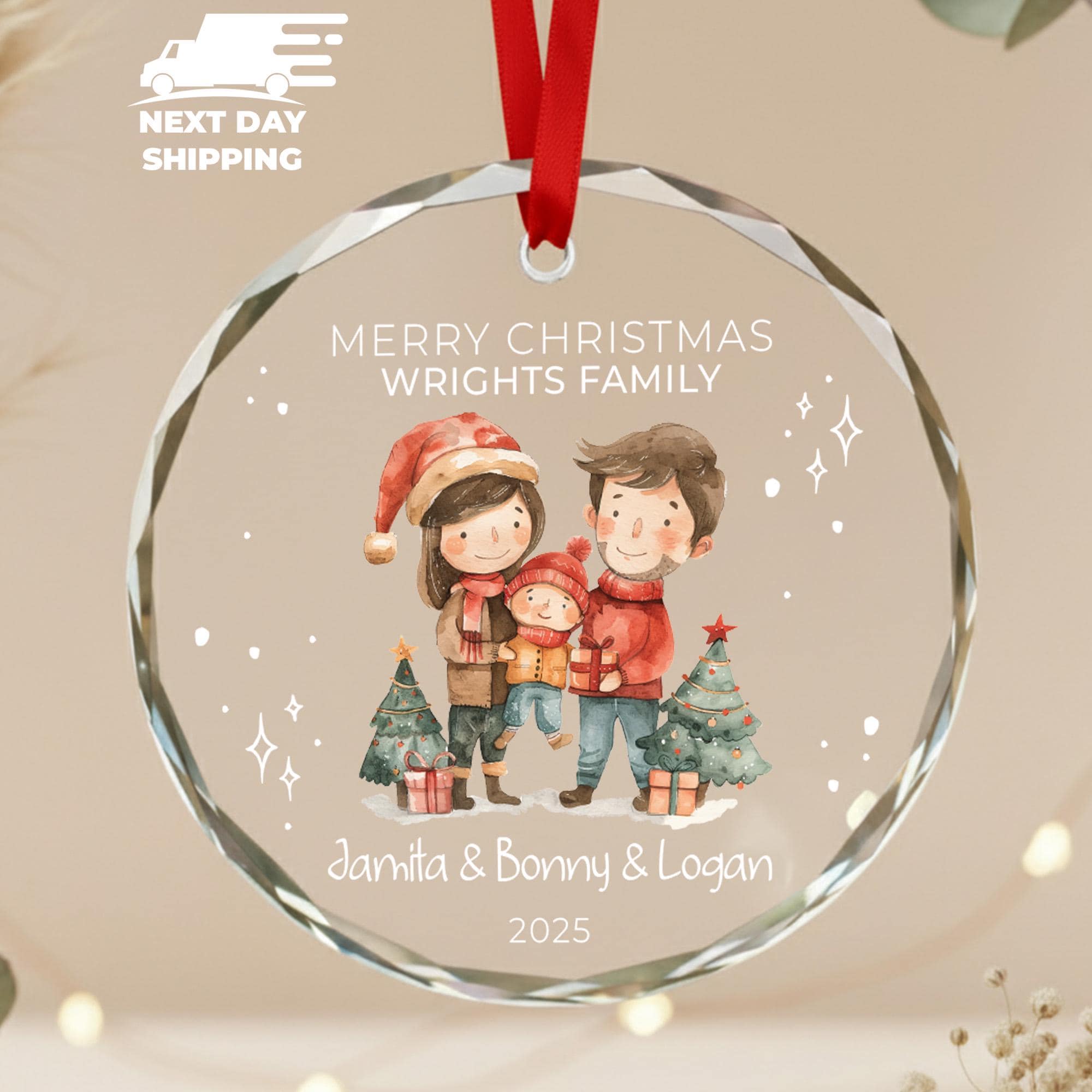 Merry Christmas Family Name Ornament, Custom Family of Three Ornament, Mom Dad Son Ornament, 2025 Family Keepsake, Xmas Tree Decoration