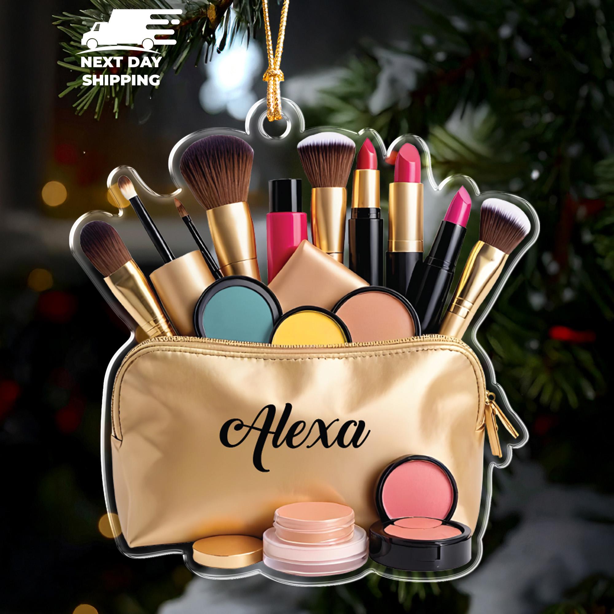 Personalized Makeup Pouch Ornament, Custom Girls Ornament, Acrylic Vanity Ornament, Gift For Her, Makeup Brush Ornament, Beauty Ornament