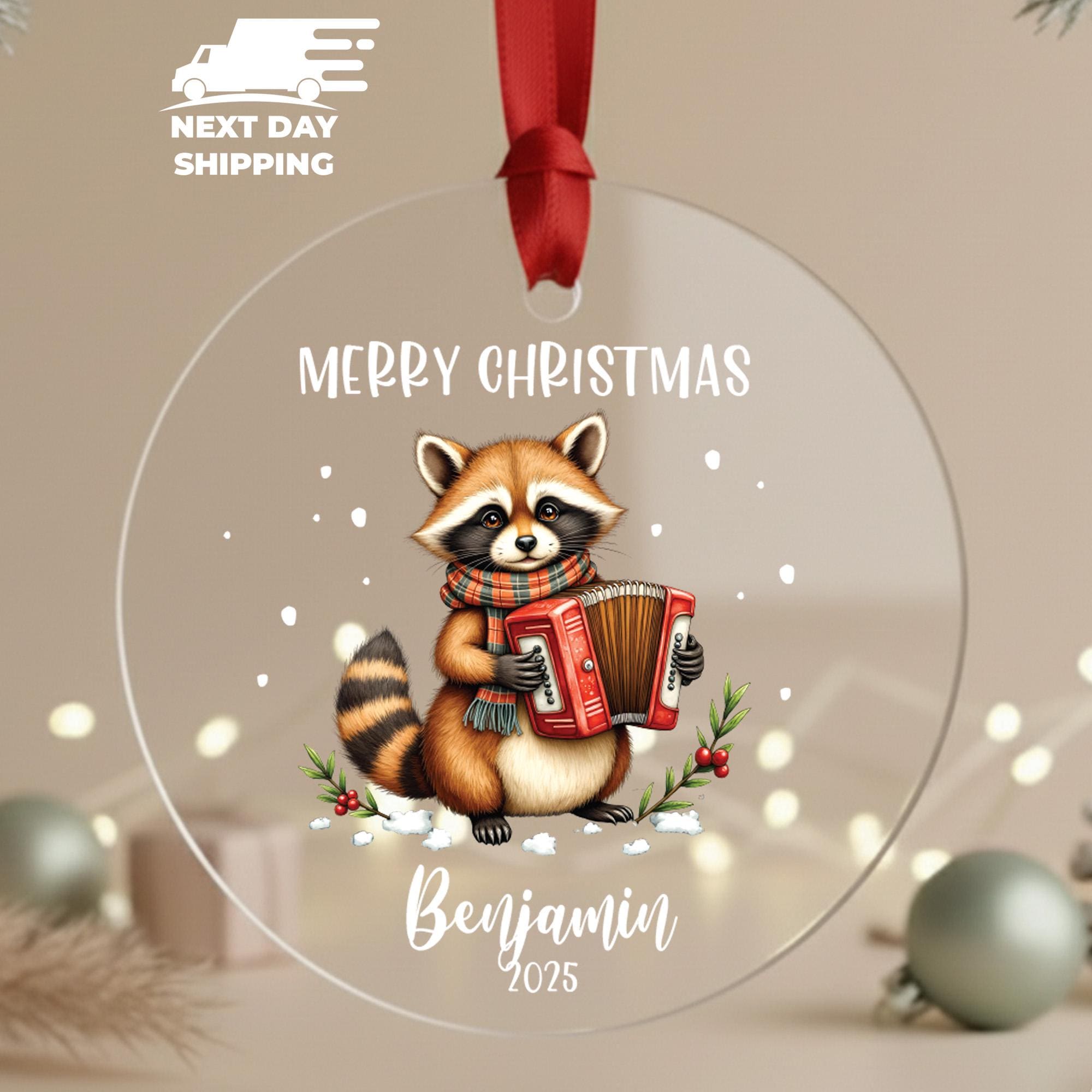 Personalized Raccoon Christmas Ornament • Custom Name Kids Ornament 2025 • Cute Animal Holiday Gift • Round Ceramic Christmas Keepsake