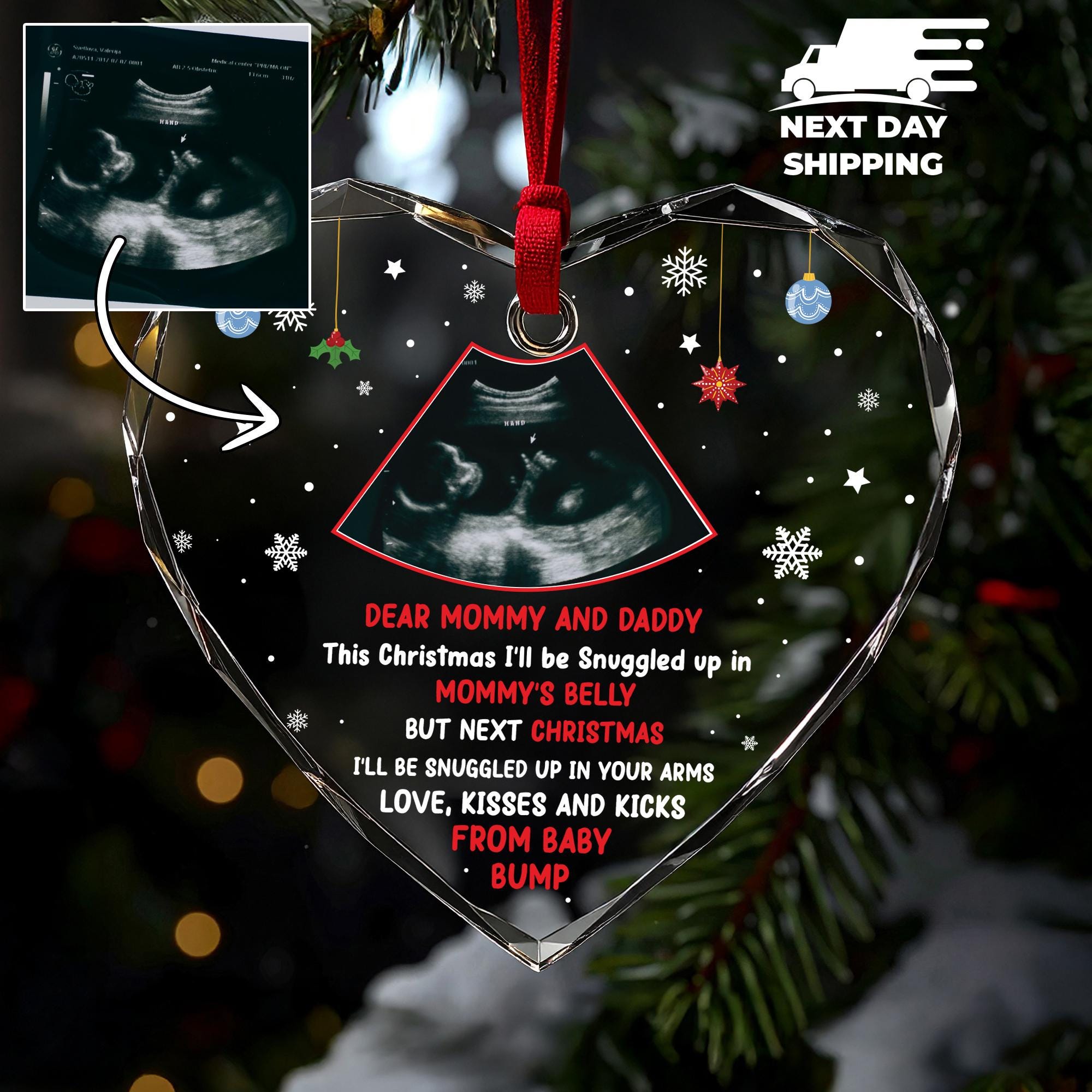 Pregnancy Announcement on Christmas Ornament, Pregnant Mom Ornament, Pregnancy Reveal Holiday Ornament, Baby Ultrasound Photo Ornament