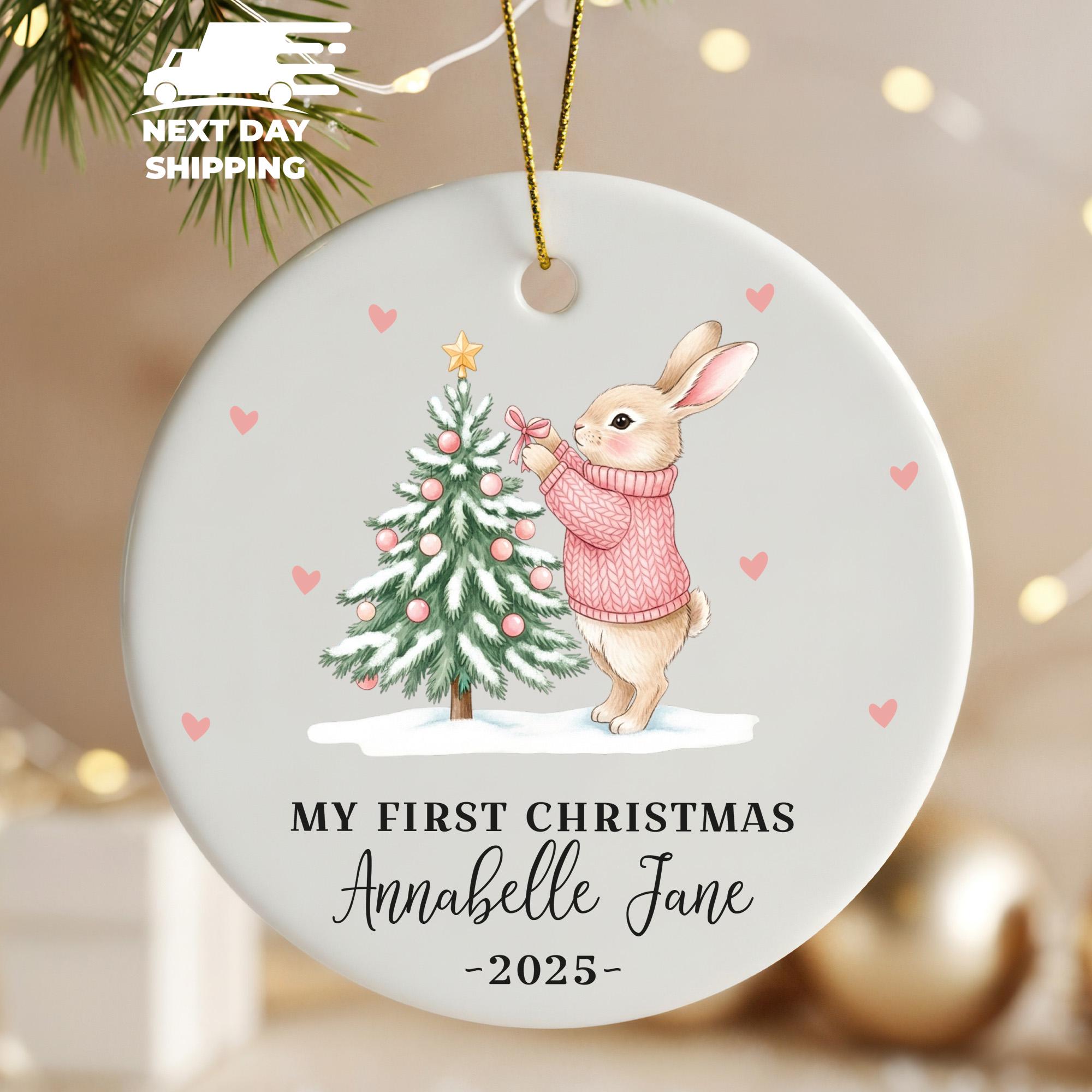 Baby Name First Christmas Ornament,Personalized Cute Newborn Ornament, Acrylic Ceramic Glass Christmas Keepsake, Rabbit Bunny Christmas Tree