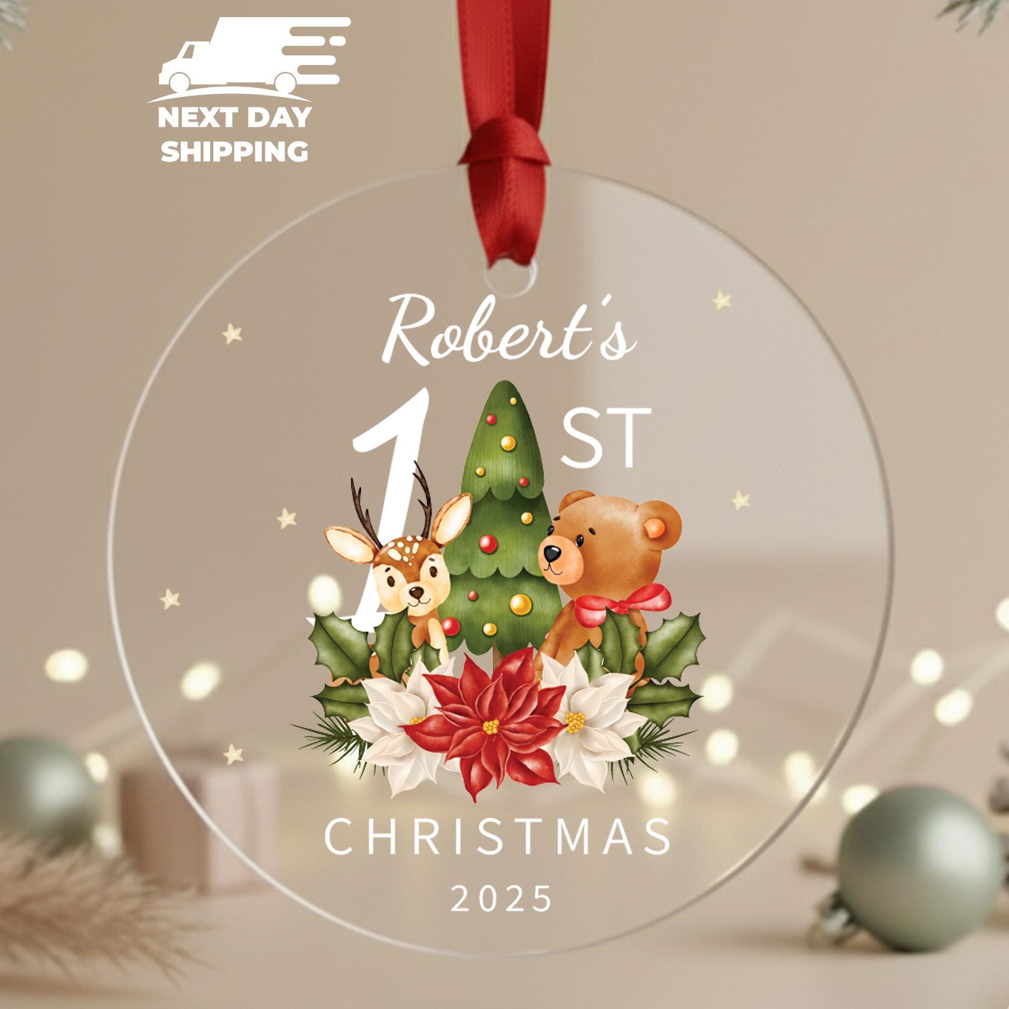 Personalized Baby’s First Christmas Ornament 2025, Custom Bear and Reindeer Keepsake, Newborn Holiday Gift, Cute Christmas Decoration