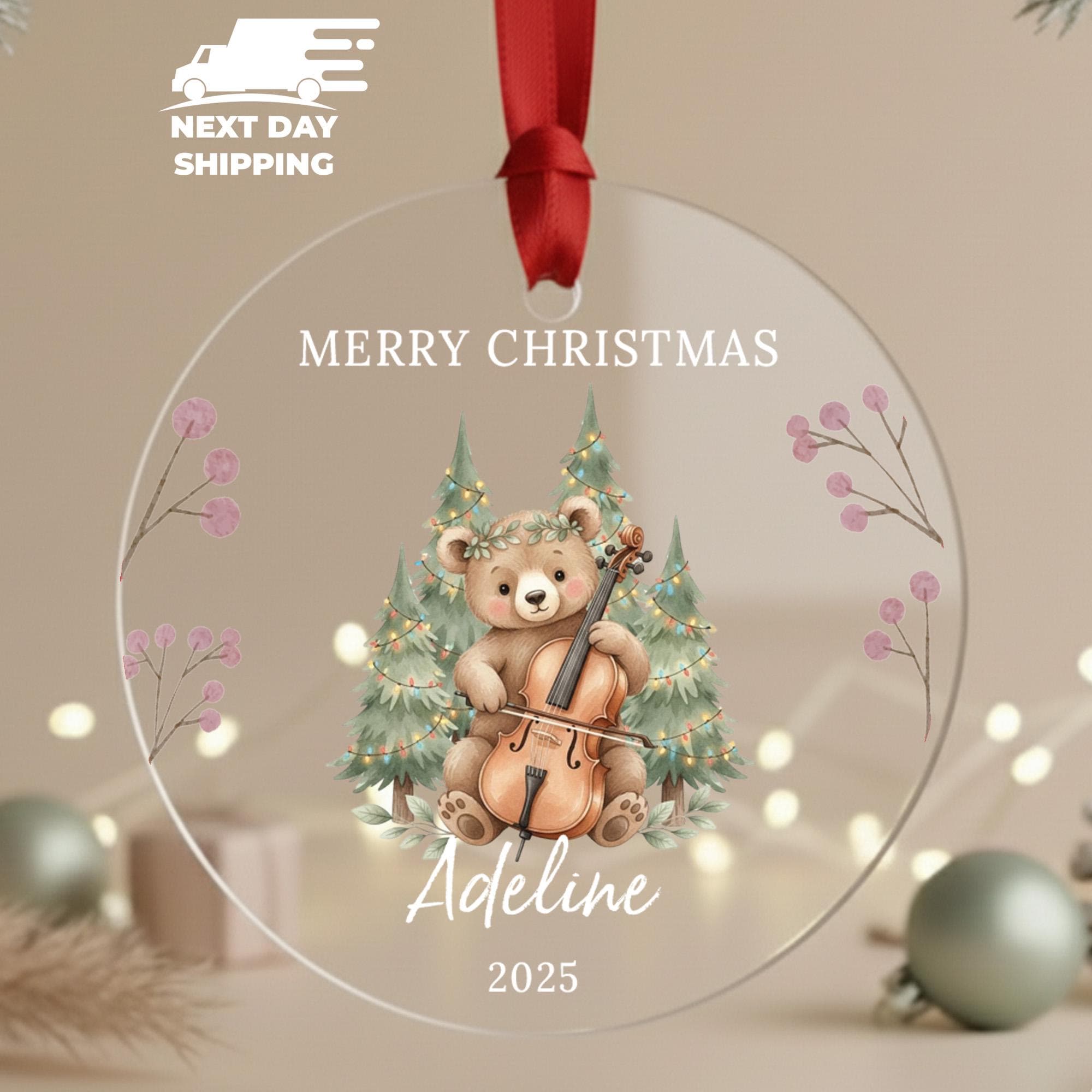 Personalized Bear Christmas Ornament • Cute Musical Animal Ornament 2025 • Custom Name Ceramic Ornament • Merry Christmas Holiday Gift