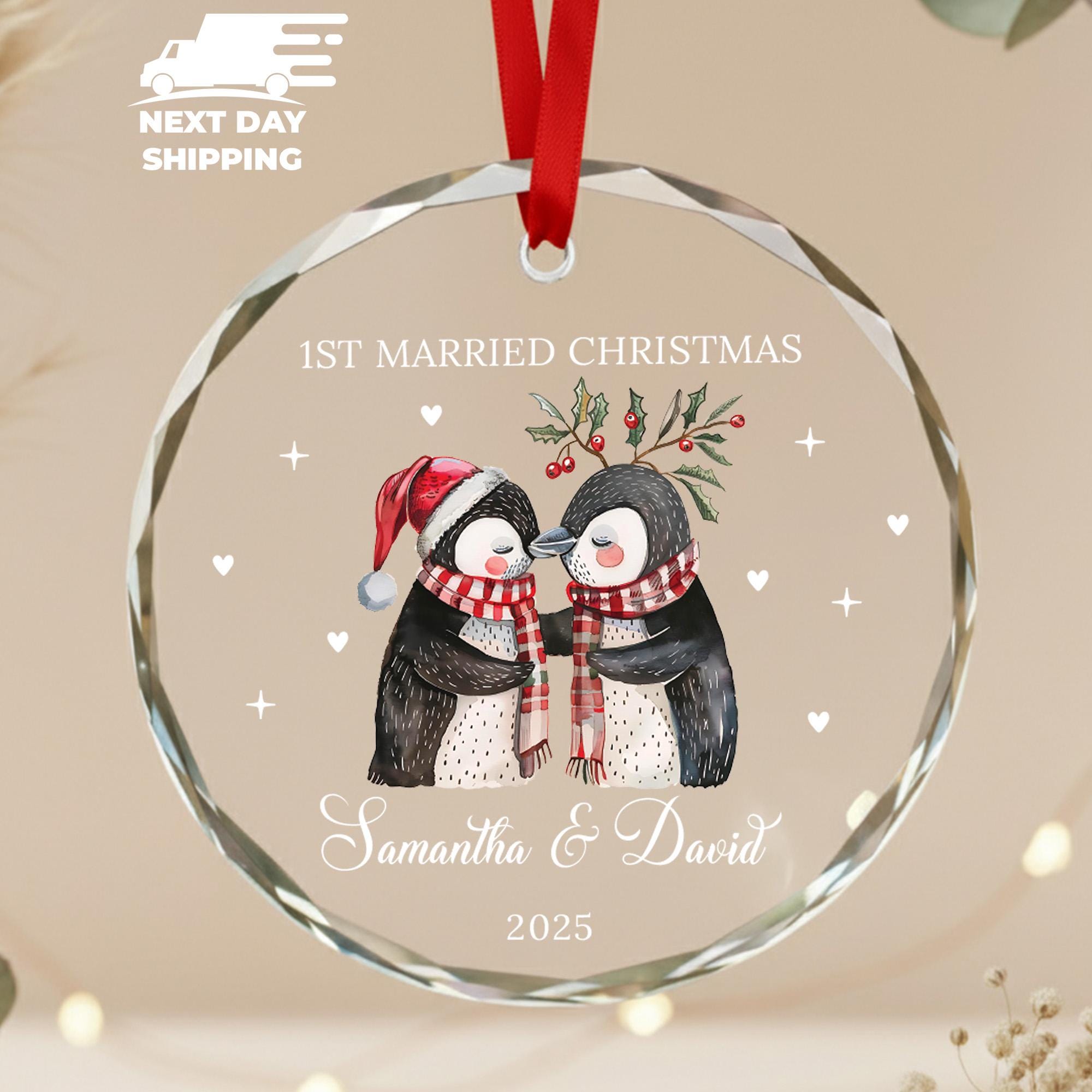 Custom Penguin Couple Ornament 2025, First Married Christmas Keepsake, Personalized Newlywed Gift, Round or Heart Acrylic Ceramic Glass Gift