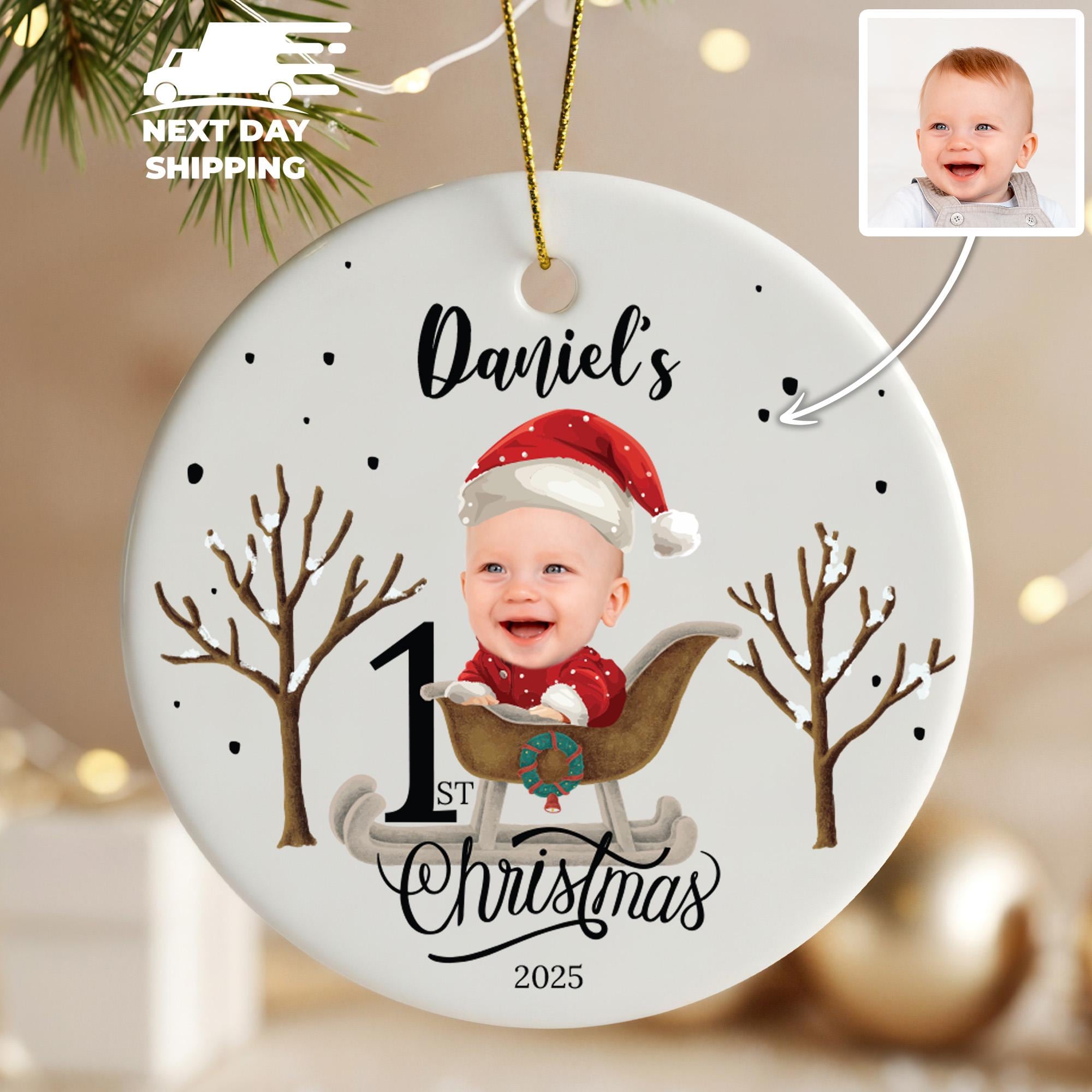 Custom Baby Photo Ornament, Personalized Picture Christmas Ornament, First Christmas Keepsake, Newborn Name Ornament, Baby In Santa Costume