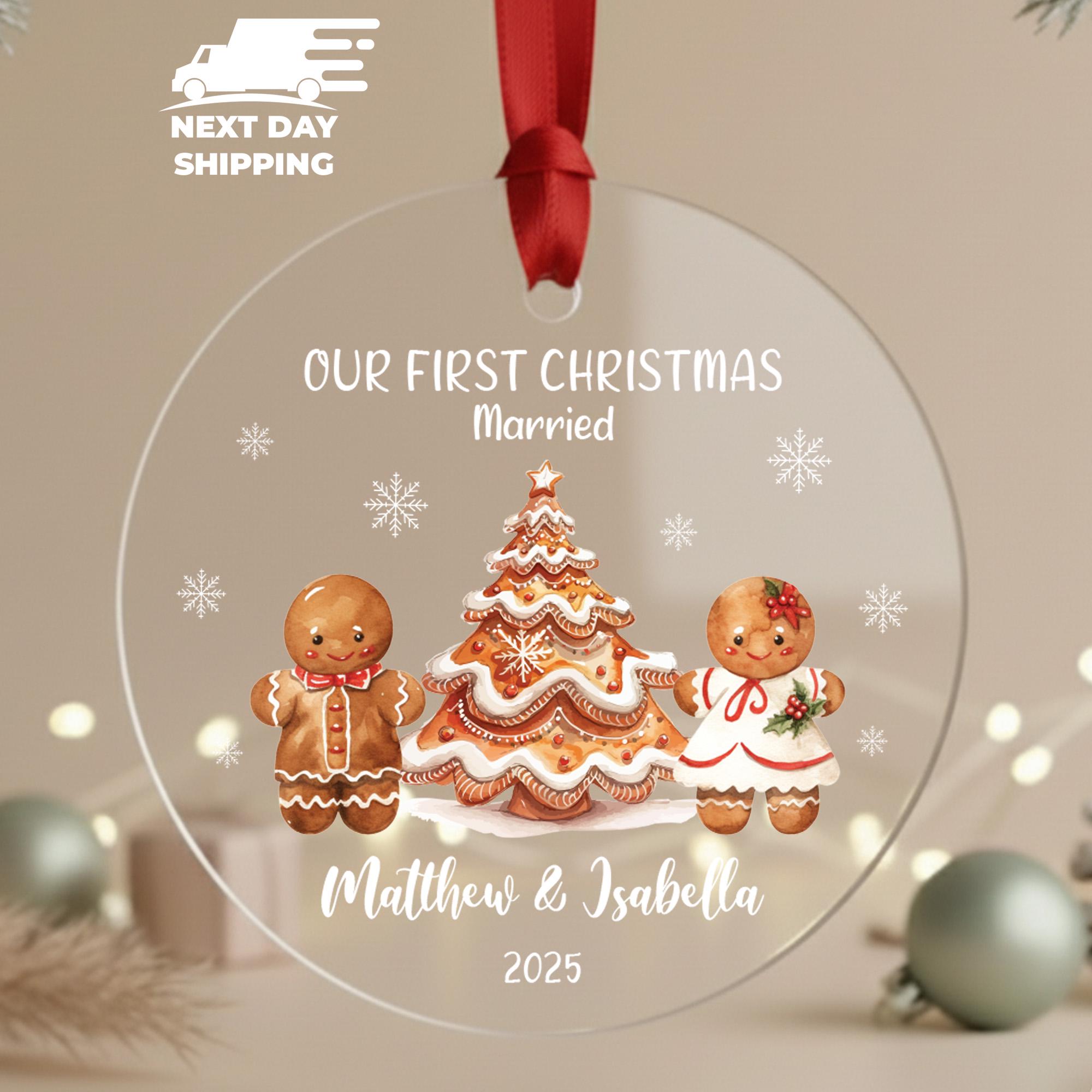 Personalized Gingerbread Couple Ornament, Married First Christmas Keepsake, Custom Acrylic Ceramic Glass Round Heart Xmas Ornament with Name