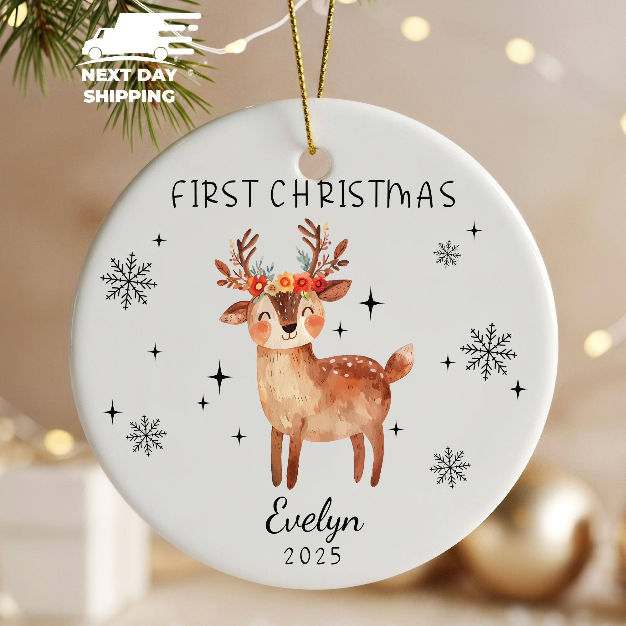 First Christmas Ornament 2025 Personalized, Cute Reindeer Name Gift, Baby First Christmas Keepsake, Custom Heart Christmas Decoration