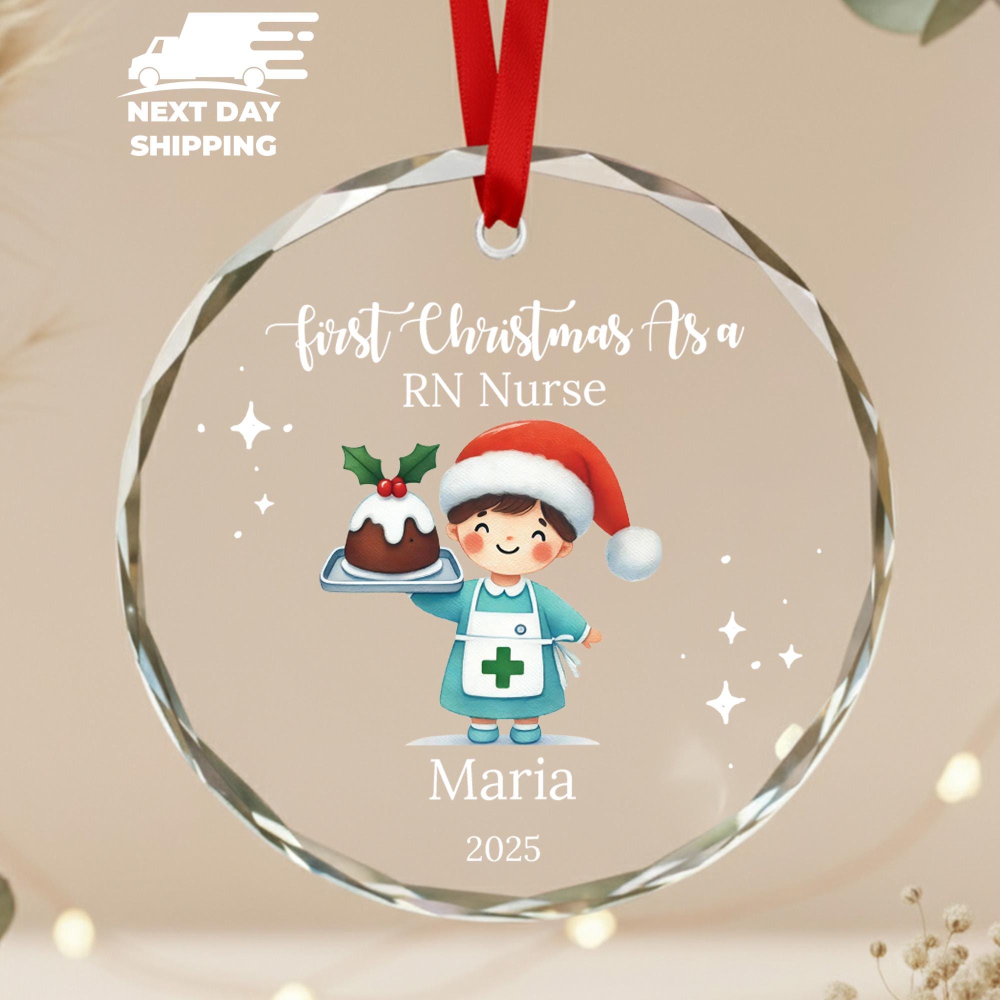 First Christmas as a RN Nurse Ornament • Personalized Nurse Gift 2025 • Cute Christmas Pudding Design • Custom Name Acrylic Glass Ceramic