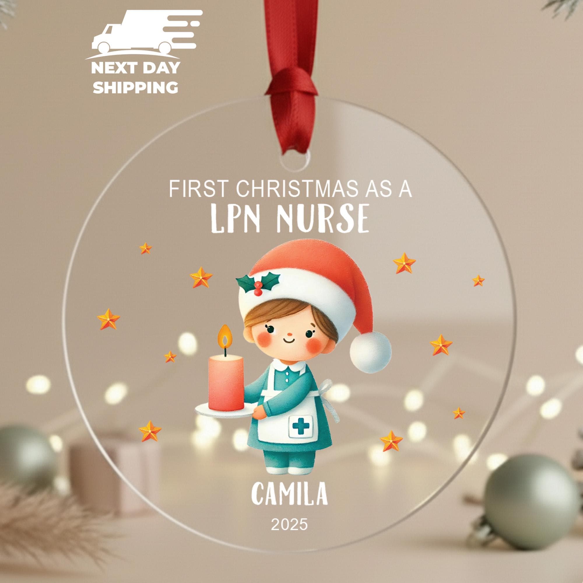 First Christmas as an LPN Nurse Ornament, Personalized Nurse Gift 2025 • Cute LPN Holiday Keepsake • Custom Name Glass Ceramic Acrylic Decor