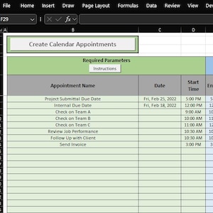 May include: A spreadsheet with green, blue, and orange coloured cells. The spreadsheet is titled "Create Calendar Appointments" and has columns for "Appointment Name", "Date", "Start Time", "End Time", "Location", "Body", "Reminder (minutes)", "Reminder (units)", "Give to", "Category", "Sensitivity", "Days (Number)", "Before or After", "Calculated Appointment Date", and "Troubleshooting".