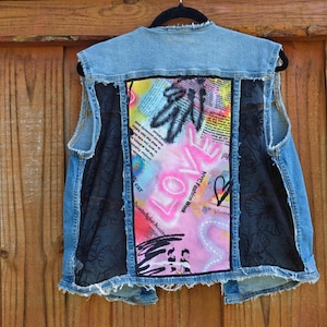 Upcycled Denim Vest Boho Patchwork Jacket Reworked Jean Vest Handmade OOaK Sleeveless Distressed Festival Clothing Artsy Grunge Style