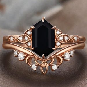 Art Deco Black Onyx Wedding Ring Set Vintage Hexagon Cut Black Onyx Engagement Ring Set Unique Bridal Ring Set Promise Anniversary Gift