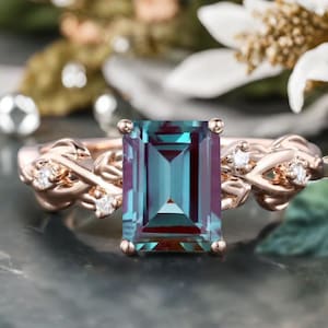 Vintage Emerald Cut Alexandrite Wedding Ring Set Unique Engagement Ring Set Alexandrite Ring Alexandrite Gemstone Ring Anniversary Gift