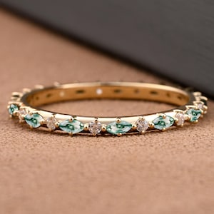 Unique Rose Gold Moissanite Stackable Band Full Eternity Marquise Moss Agate Wedding band Women Promise Matching Anniversary Ring For Her