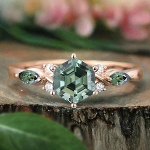 Sechseckschliff blau grüner Saphir Verlobungsring Einzigartige Versprechen Ring Roségold Art-Deco-Edelstein Moissanite Cluster Ring Jubiläumsgeschenk