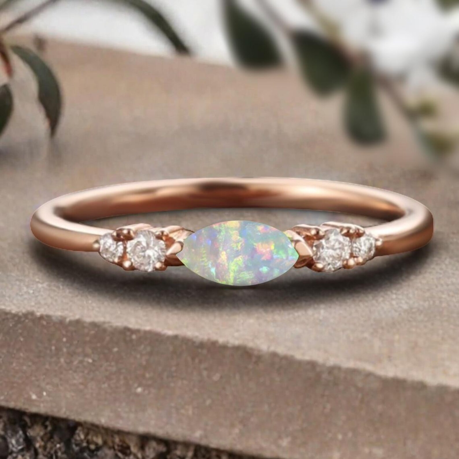 Marquise Opal Wedding Band for Women Unique Vintage Rose Gold Opal Ring Marquise Opal Wedding Band for Women Unique Vintage Rose Gold Opal Ring