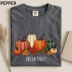 Hola, camiseta de calabazas de otoño, camiseta de hojas de otoño, camiseta con ambiente otoñal, camiseta con ambiente acogedor, camiseta de Halloween