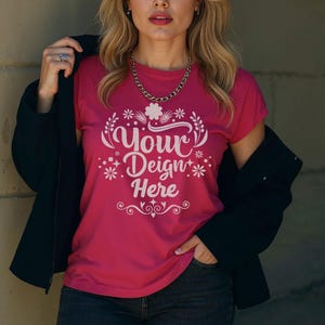 Fuchsia shirt mockup, Bella Canvas 3001 Female T-Shirt mockup, Instant download, Digital download, Female model T-shirt mockup