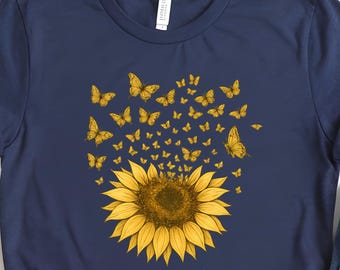 Sunflower Butterfly Shirt, Botanical Tee, Flower T-shirt, Cute Women Shirt, Mothers Day Gift Shirt, Wildflower Shirt, Floral Gift
