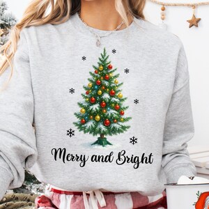 Merry and Bright Christmas Tree Sweatshirt: Women&#39;s Holiday Pullover