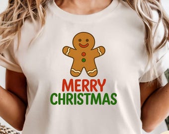 Comfort Colors Merry Christmas Shirt, Women's Xmas Tee, Santa Shirt, Family Christmas Shirt, Women's Christmas Tshirt, Gingerbread Man Shirt