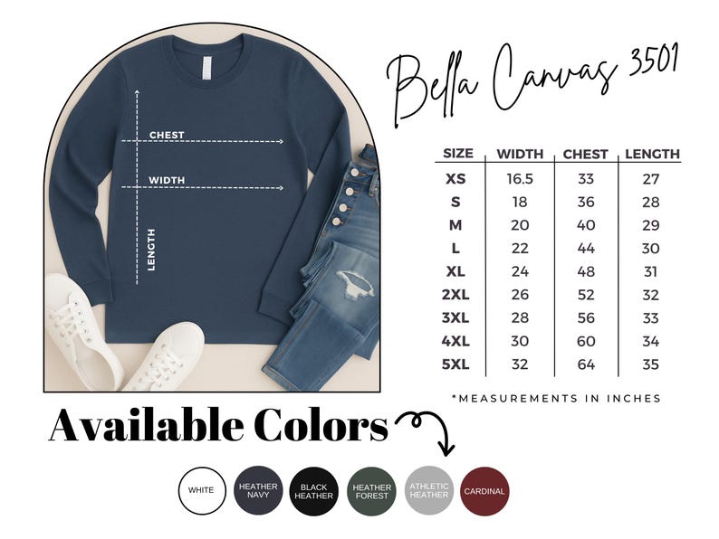 May include: A navy blue long-sleeve shirt with size and color options. The shirt is displayed with a size chart showing measurements in inches. Available colours include white, heather navy, black heather, heather forest, athletic heather, and cardinal.