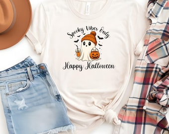Halloween Сute Spooky Vibes Ghost Coffee Shirt, Сute Little Ghost Iced Coffee t-shirt, Boo Ghost Shirt, Ghost Coffee Shirt, Halloween Coffee
