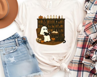 Camiseta retro de fantasma leyendo libros, fantasma de bibliotecario para Halloween, sudadera para profesor de Halloween, sudadera de Halloween, regalo para profesor, escuela Boo