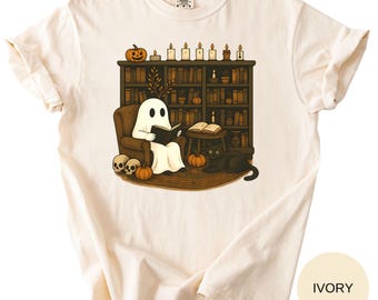 Retro Geist-Lesebücher Hemd, Komfortfarben Bibliothekar-Geist Halloween, Halloween-Lehrer-Hemd, Halloween-T-Stück, Lehrer-Geschenk, Boo Schule