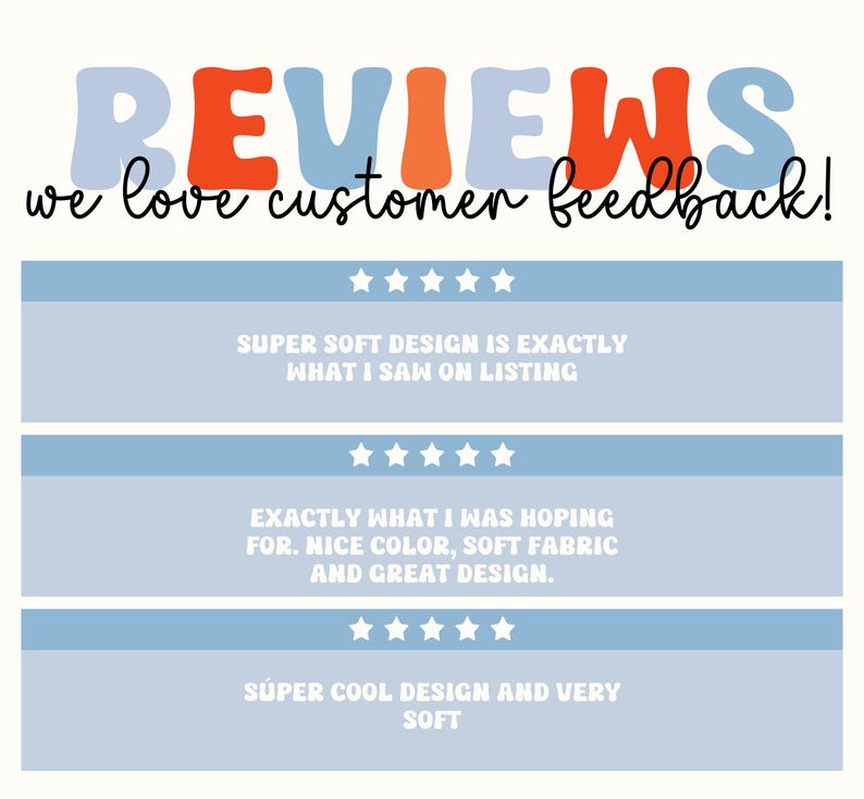 May include: A graphic featuring the word "REVIEWS" in orange and blue, and the phrase "we love customer feedback!" in black. Below are customer reviews with star ratings and comments about the product's design, colour, and fabric.