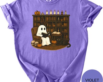 Retro Geist-Lesebücher Hemd, Komfortfarben Bibliothekar-Geist Halloween, Halloween-Lehrer-Hemd, Halloween-T-Stück, Lehrer-Geschenk, Boo Schule
