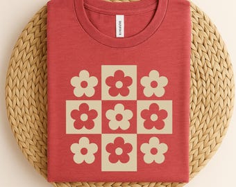 Retro Checkered Flowers Shirt, Summer Shirts for Women, Boho Floral T-Shirt, Floral Beach Tshirt, Trendy Oversized tee gift