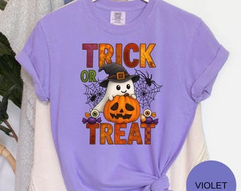 Comfort Colors Trick or Treat Halloween Shirt, Black Cat Ghost Tee, Spooky Season Cat Shirt, Funny Halloween Gift Idea, Halloween Ghost Tee
