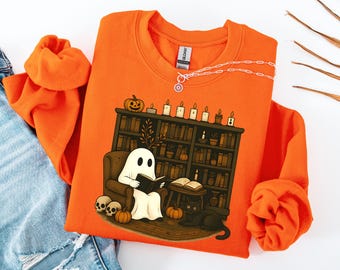 Camiseta retro de fantasma leyendo libros, fantasma de bibliotecario para Halloween, sudadera para profesor de Halloween, sudadera de Halloween, regalo para profesor, escuela Boo