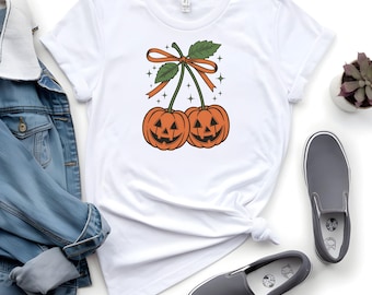 Pumpkin Cherries Shirt, Autumn Girly Shirt, Halloween Pumpkin Shirt, Fall Pumpkin Tee, Pumpkin Cheeries Coquette, Retro Fall, Pumpkin Bow