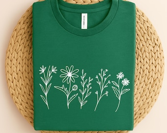 Camiseta de flores silvestres, camiseta con estampado floral, regalo para amantes de las plantas, camiseta de flores bohemias, camiseta de jardín, camiseta botánica, camiseta vintage de naturaleza, camiseta floral