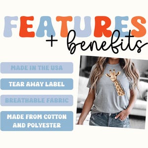 May include: A light grey t-shirt with a giraffe graphic and the text "I will not compromise". The image also includes text that says "FEATURES + benefits", "MADE IN THE USA", "TEAR AWAY LABEL", "BREATHABLE FABRIC", and "MADE FROM COTTON AND POLYESTER".